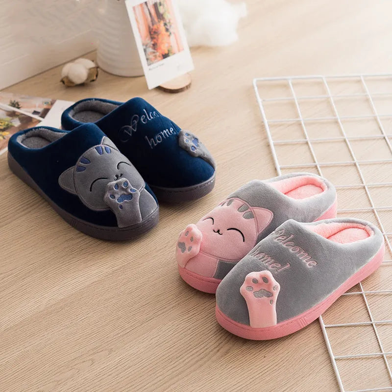 Cute cat slippers winter plush home shoes non-slip EVA sole lucky cat pink colour pair