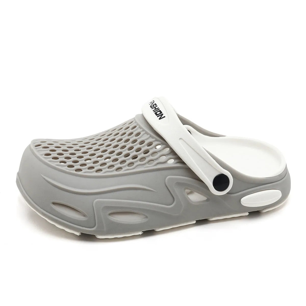 Men's grey closed toe beach slippers with a grid pattern design and a flat sole.
