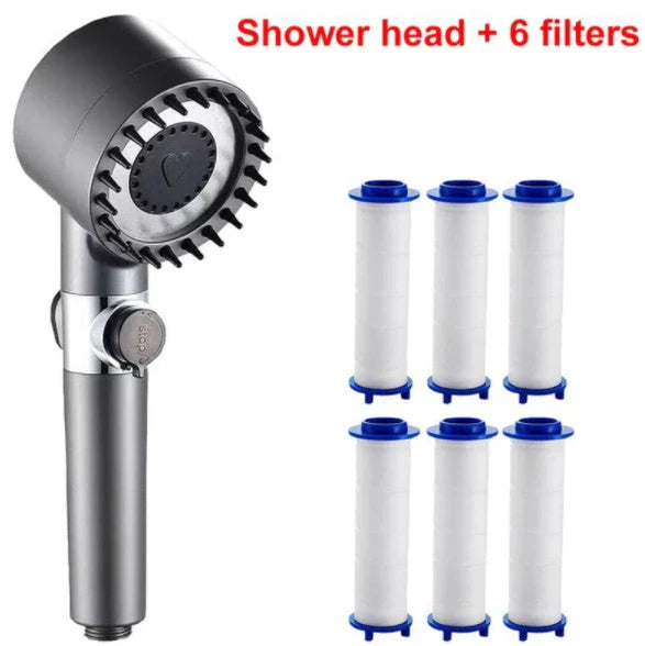 A high-pressure rainfall shower head made of durable ABS material with multi-mode functionality and a built-in water filter.