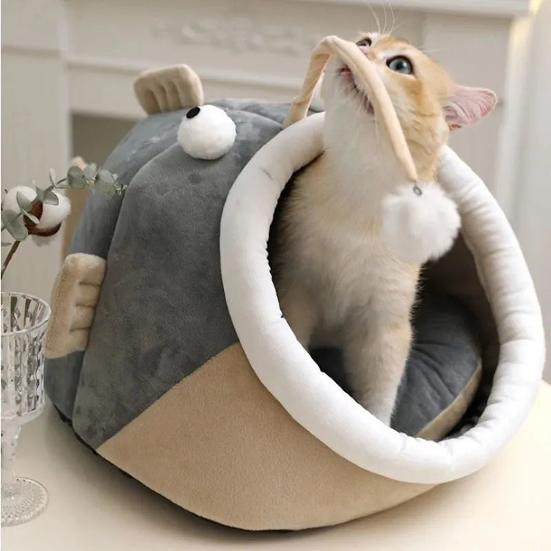 Grey deerskin velvet semi-closed cat house pet bed shown in medium size