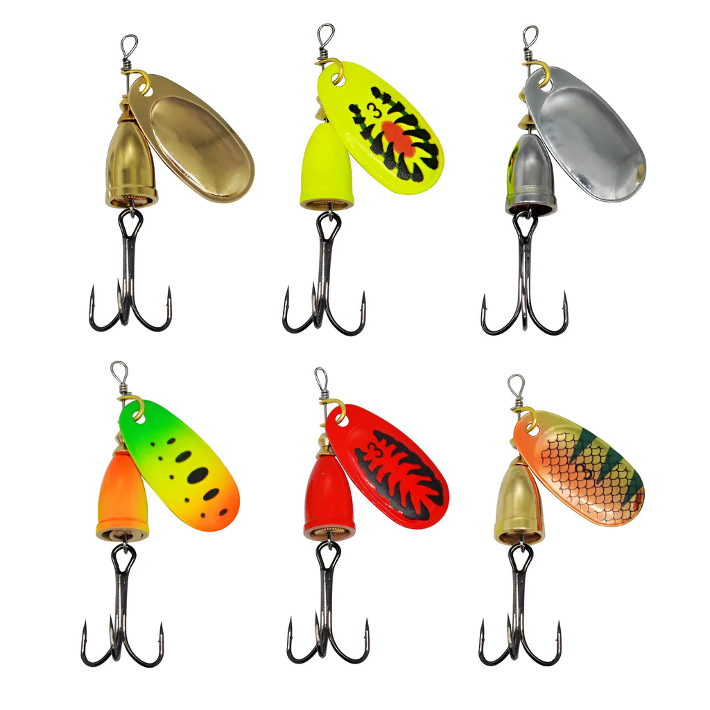 R composite rotating sequin copper bell fishing lure in gold colour variant on a blue background