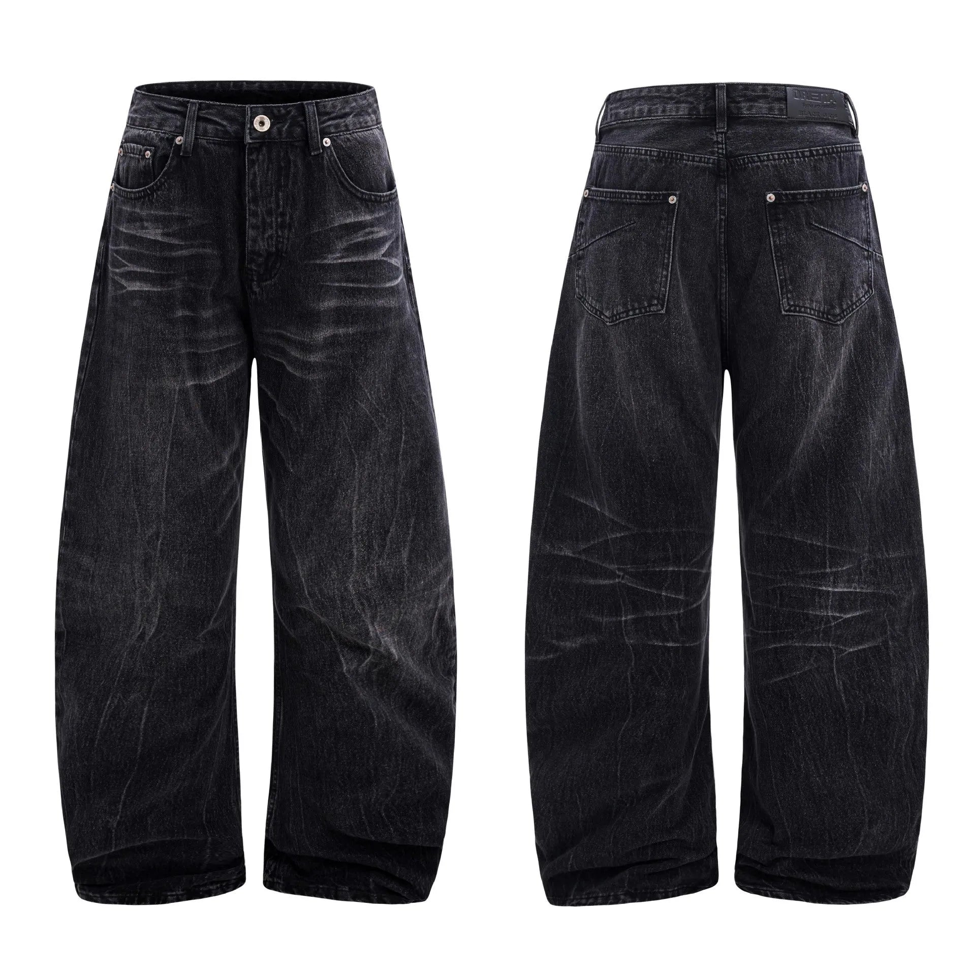 Men's straight-leg black jeans showing an American washed finish with a lightning crack pattern on the legs.