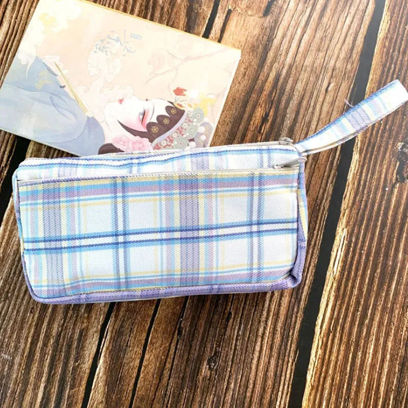 Square double-layer canvas stationery bag in a striped pattern, shown in one of six available colours.