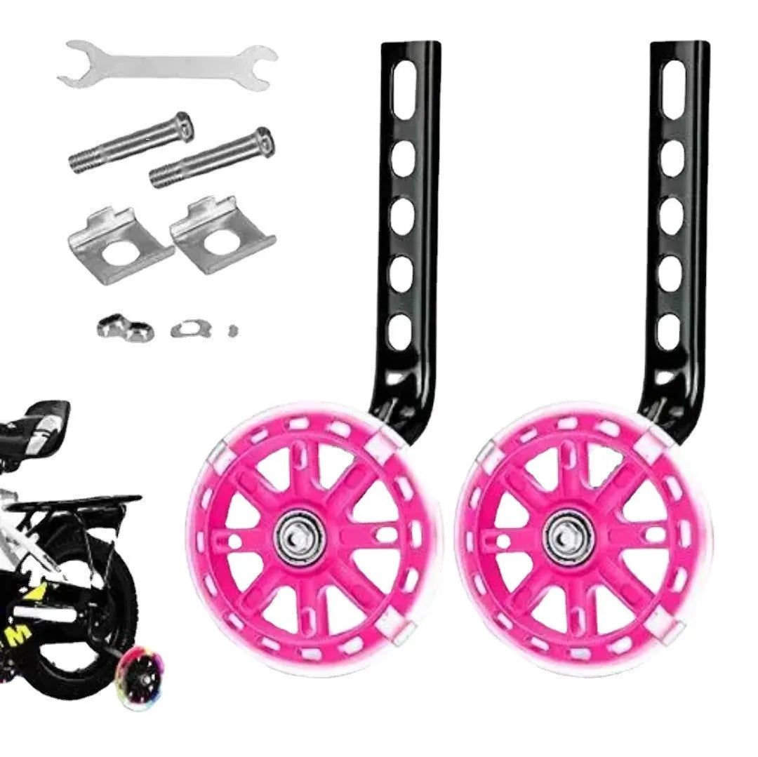 Set of two metal training wheels with brackets and hardware for a children's bicycle.