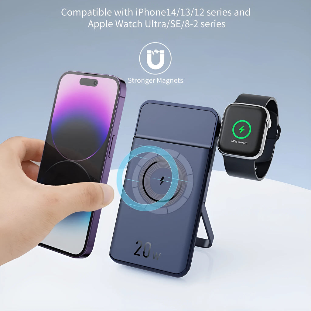 Black magnetic wireless power bank with bracket, 10000mAh capacity, industrial design