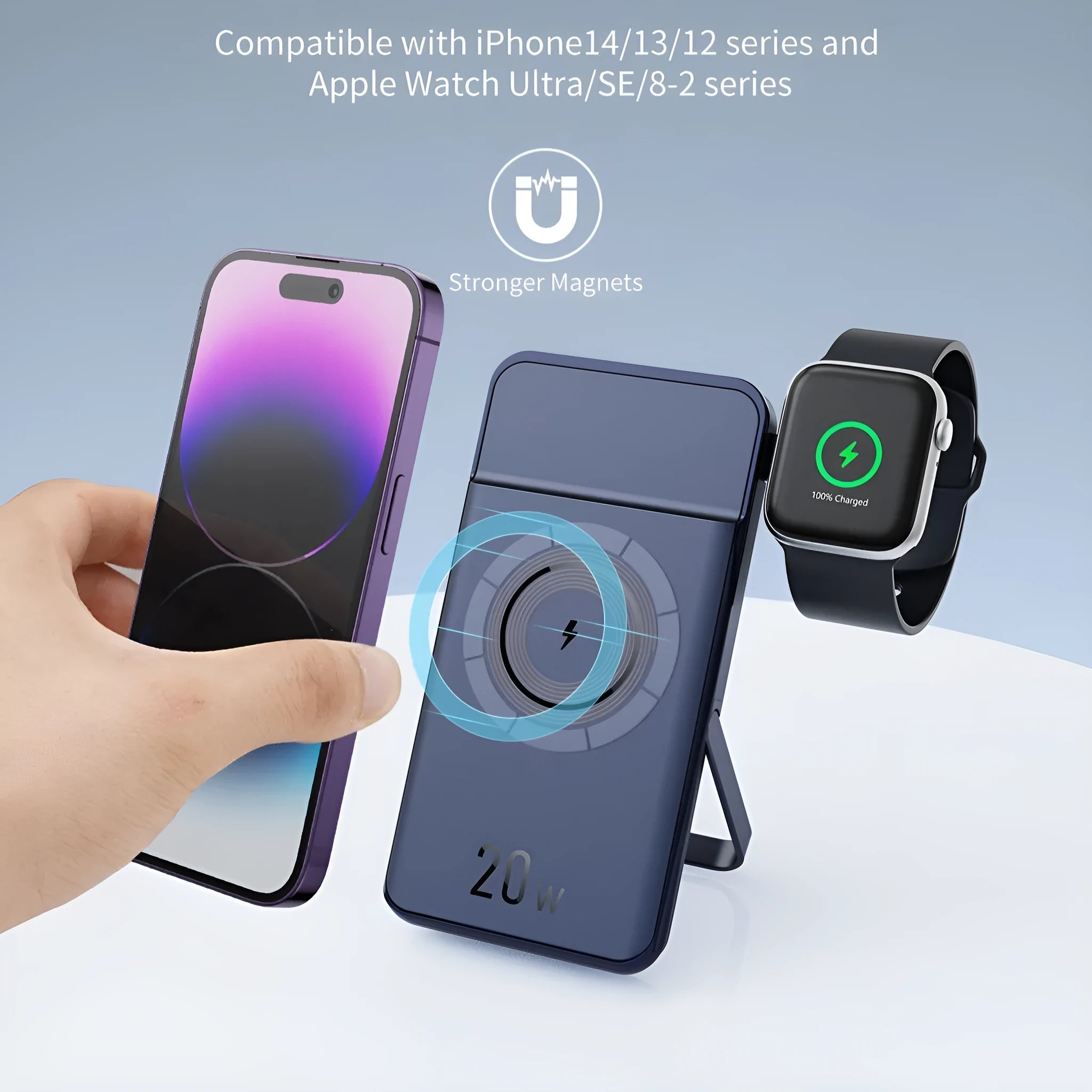 Black magnetic wireless power bank with bracket, 10000mAh capacity, industrial design