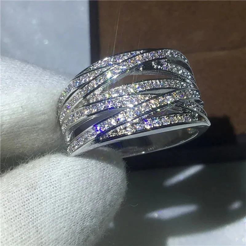 Women's geometric line ring white gold colour copper cubic zirconia size No 6