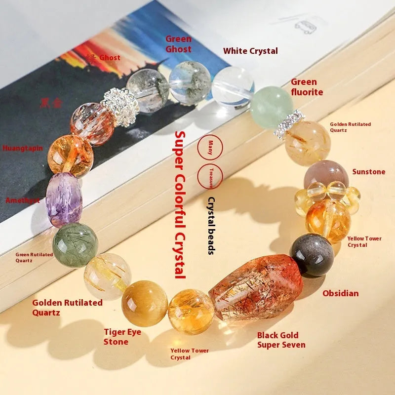 Natural crystal string bracelet with hand-beaded Duobao designs including black gold Super Seven style for women