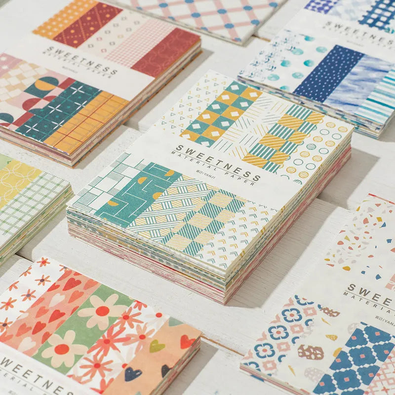Pack of fifty retro dessert-themed collage note papers in assorted colours, each sheet 56mm by 83mm.