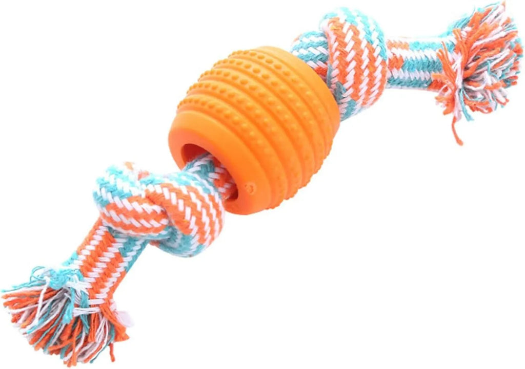 Blue dog chew toy with rope strands and molar cleaning textured surfaces