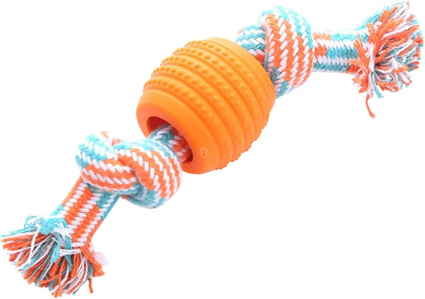 Blue dog chew toy with rope strands and molar cleaning textured surfaces