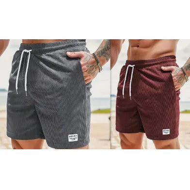 Men's corduroy drawstring shorts with lace-up front, straight-leg fifth-length cut, two-tone colourways, sizes S to 2XL