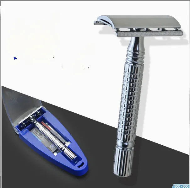 Stainless steel double-edged safety razor with storage box on a bathroom counter.