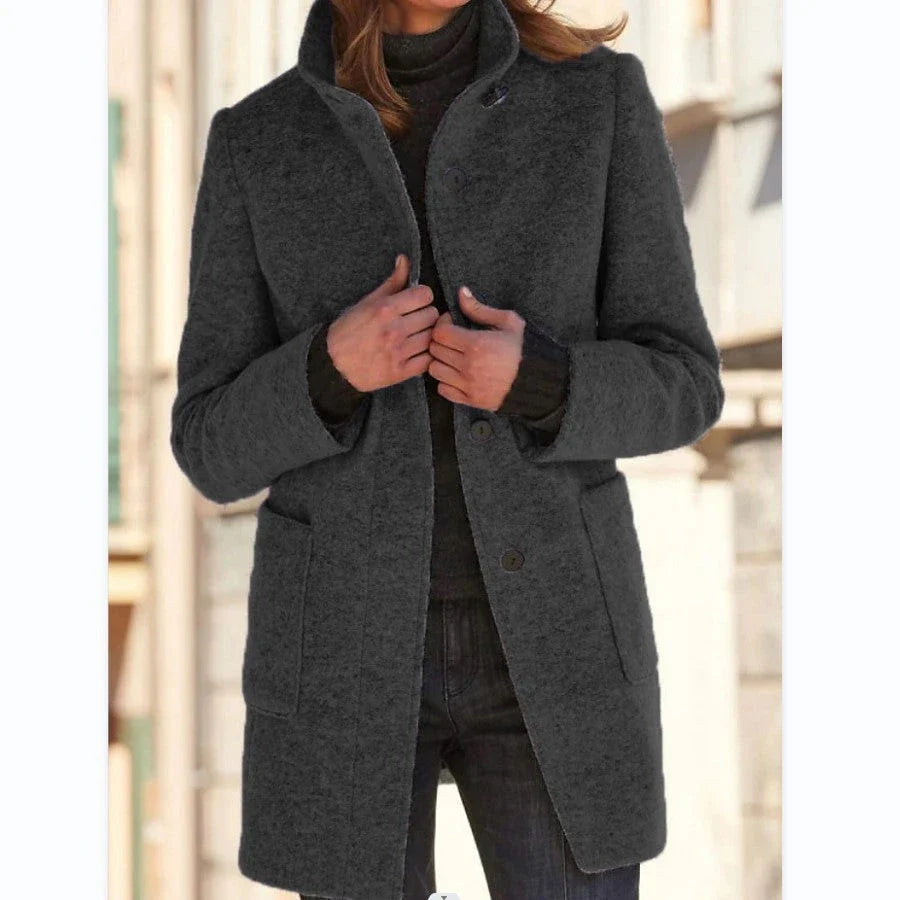 Fashionable wool coat with stand collar, pockets, and a variety of color options for casual fall and winter wear