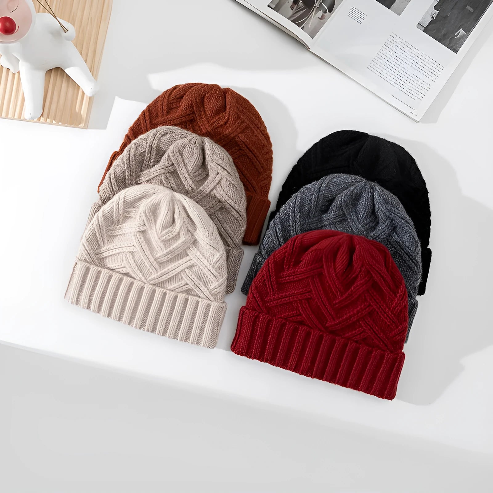 Wool knitted women's winter hat with dome crown and totem pattern in ivory white colour