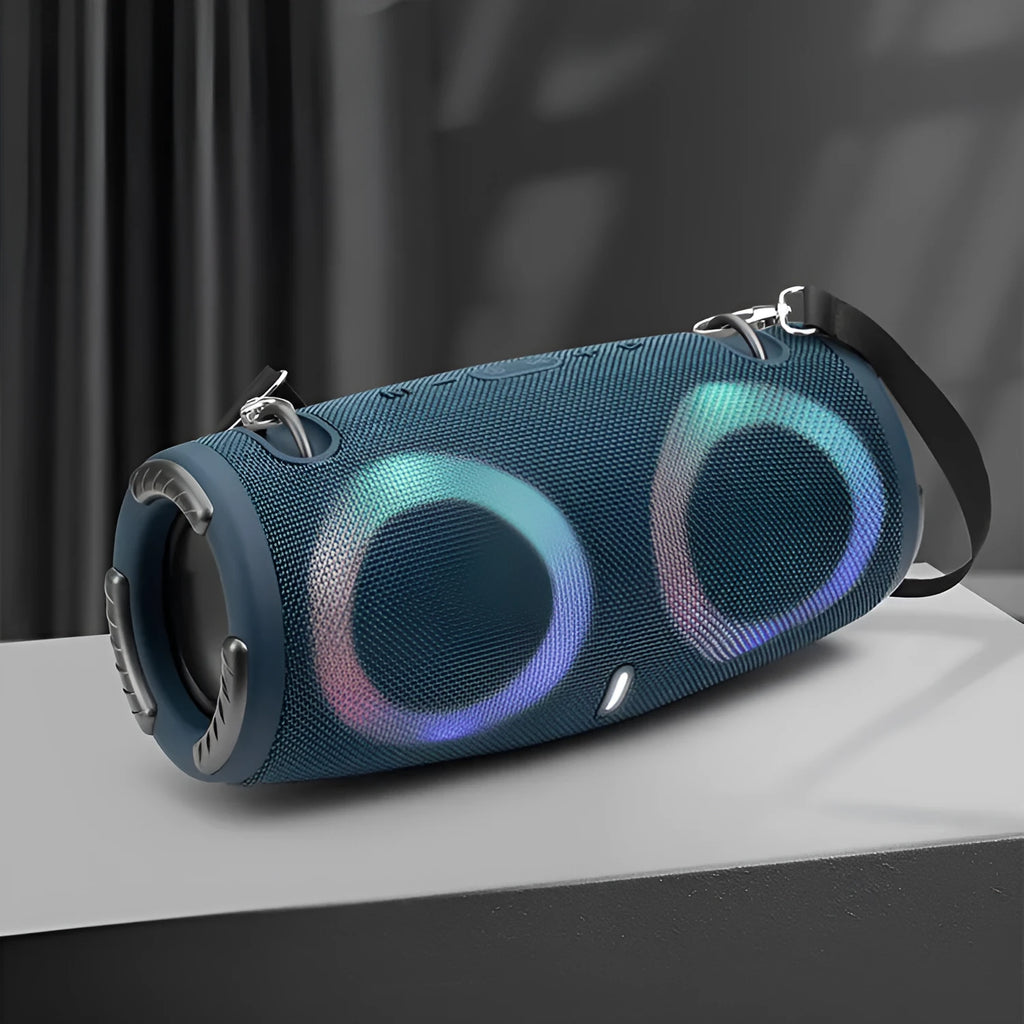 War Drum Bluetooth speaker with RGB coloured lights in black colour with carrying strap