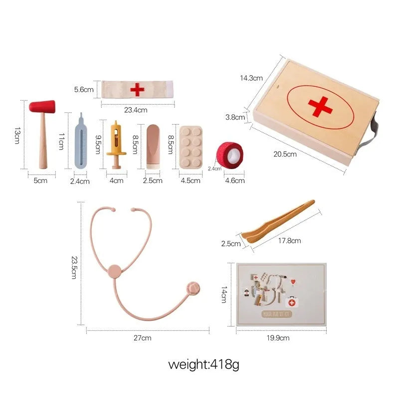Wooden children's doctor toy set with stethoscope and medical suit for pretend play.
