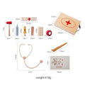 Wooden children's doctor toy set with stethoscope and medical suit for pretend play.