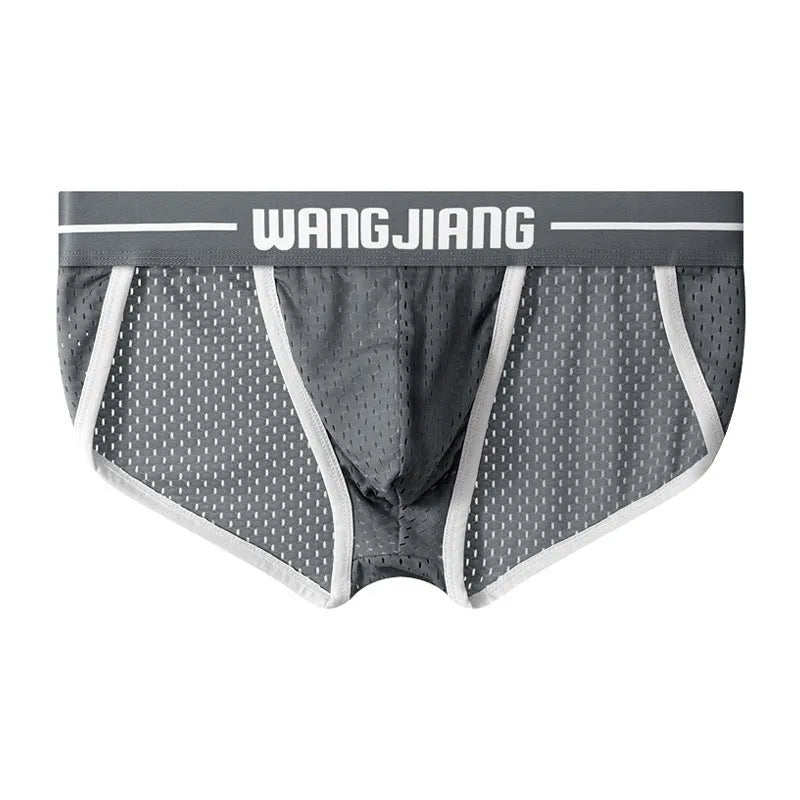 Men's black Ice Silk triangle briefs with mesh breathable fabric on a solid background.