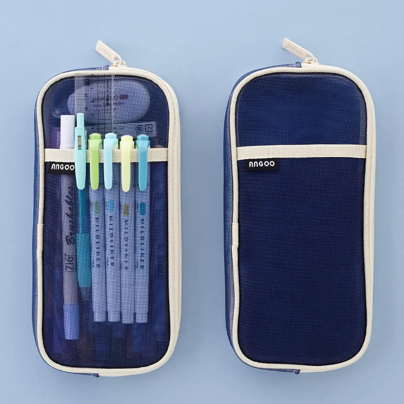 Candy-coloured mesh stationery storage bag in square shape showing four colour options