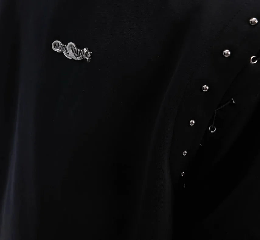 Black short-sleeve T-shirt with white lace-up cutout detail on the side