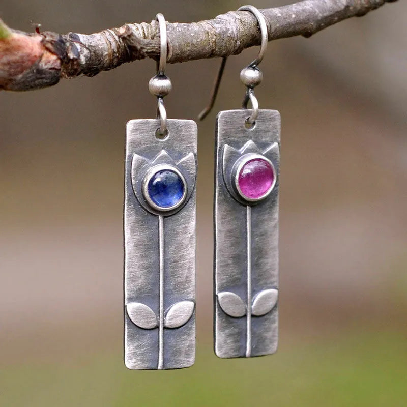 Antique finish red sapphire geometric ellipse earrings with electroplated metal retro style