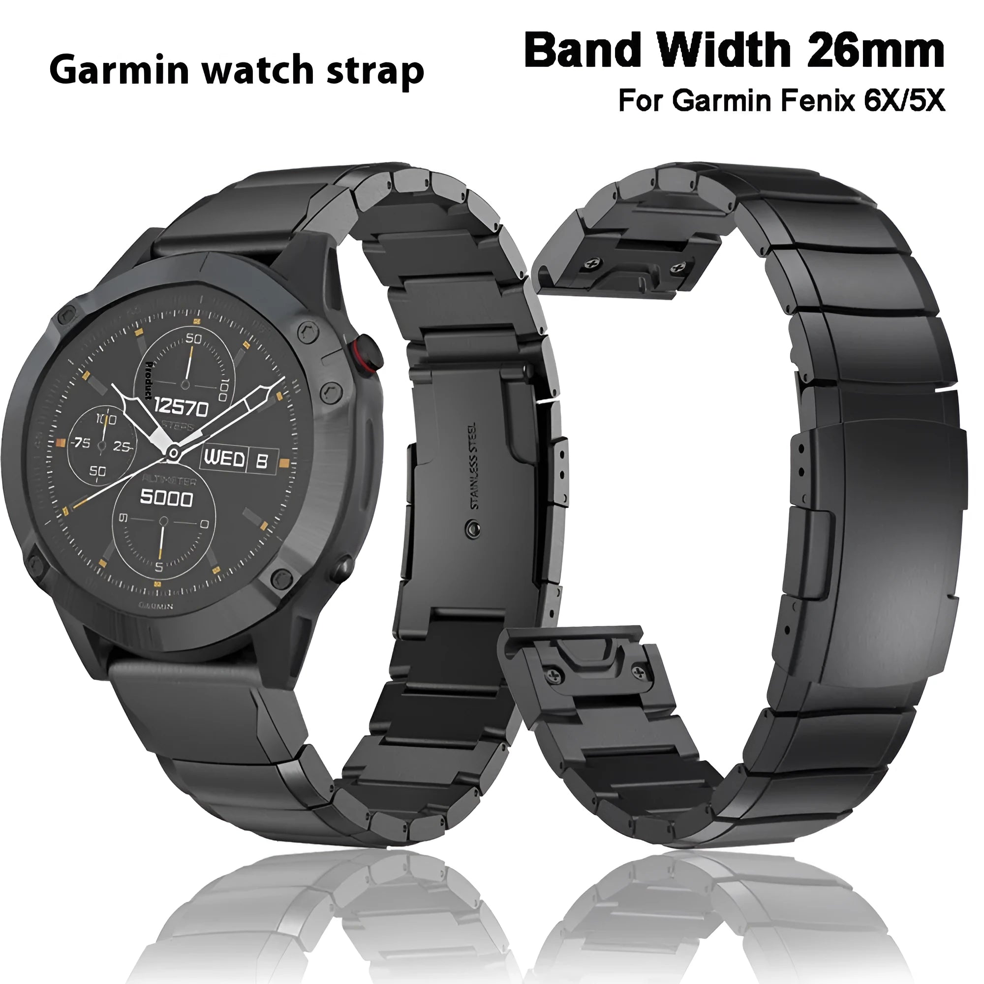 Stainless steel Garmin Fenix watch band in multiple colours and sizes