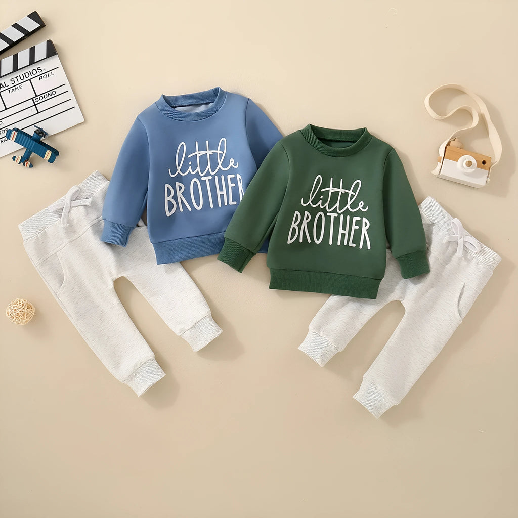 Boys and girls cotton letter sweater suit in navy blue with long sleeves and matching pants