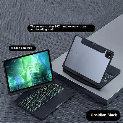 Versatile 360-degree swivel keyboard case with transparent backplate, scissor-style keys, and integrated trackpad for iPad