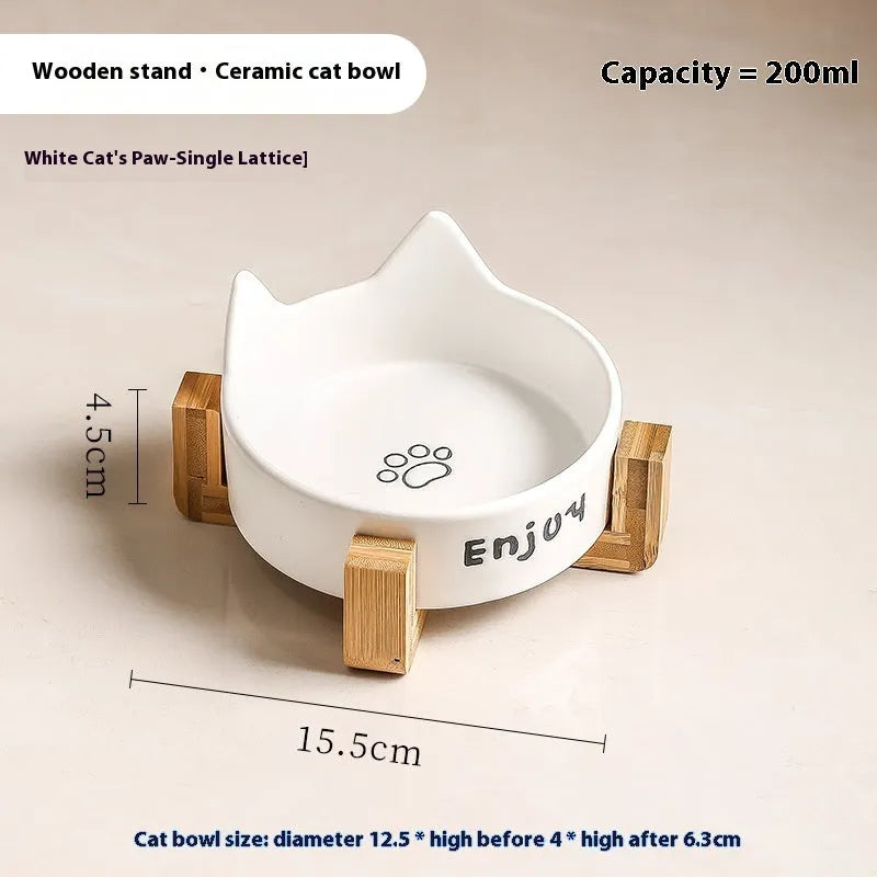 Porcelain cat bowl with cat ears rim and wooden anti-tumble frame in selected colour