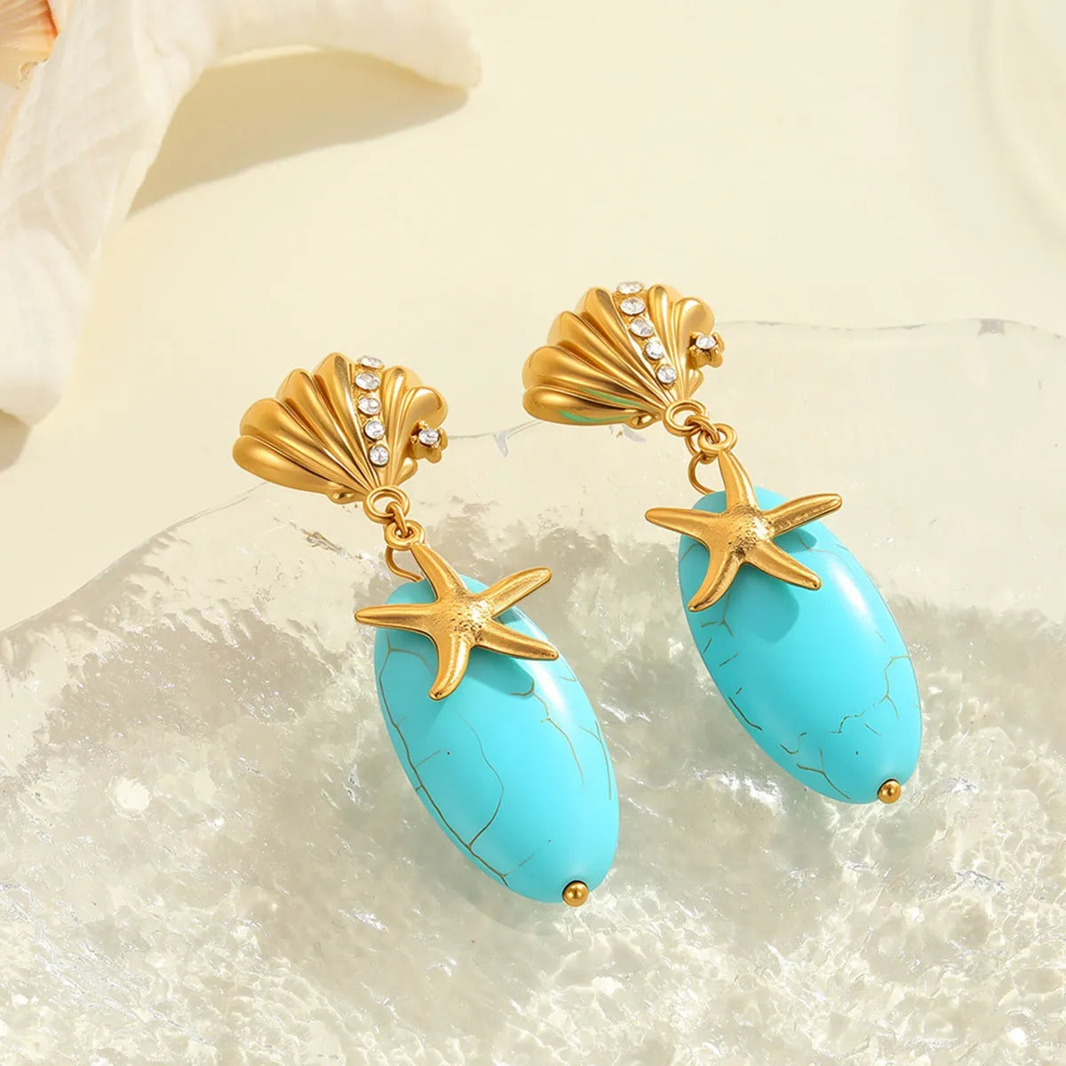 Natural stone turquoise earrings with stainless steel eardrop, 18K electroplated star and geometric shapes