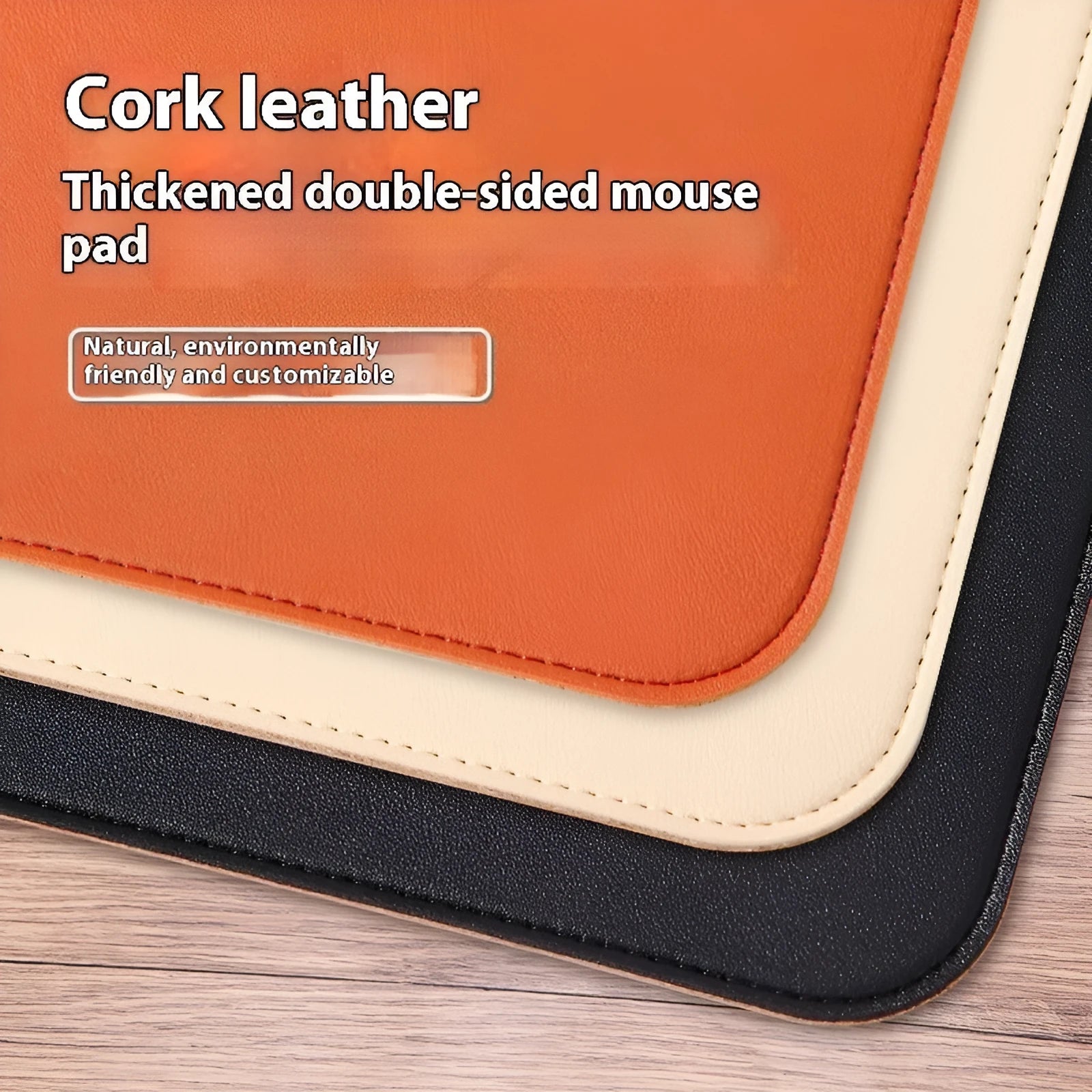 Leather cork PVC mouse mat in orange, 3.8mm thick, 80x40cm, on a wooden desk with a laptop and mouse