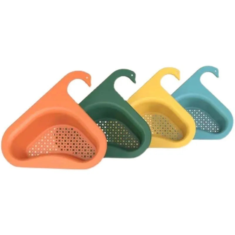 Colourful plastic hanging swan drainer for kitchen sink in yellow, orange, blue, and green