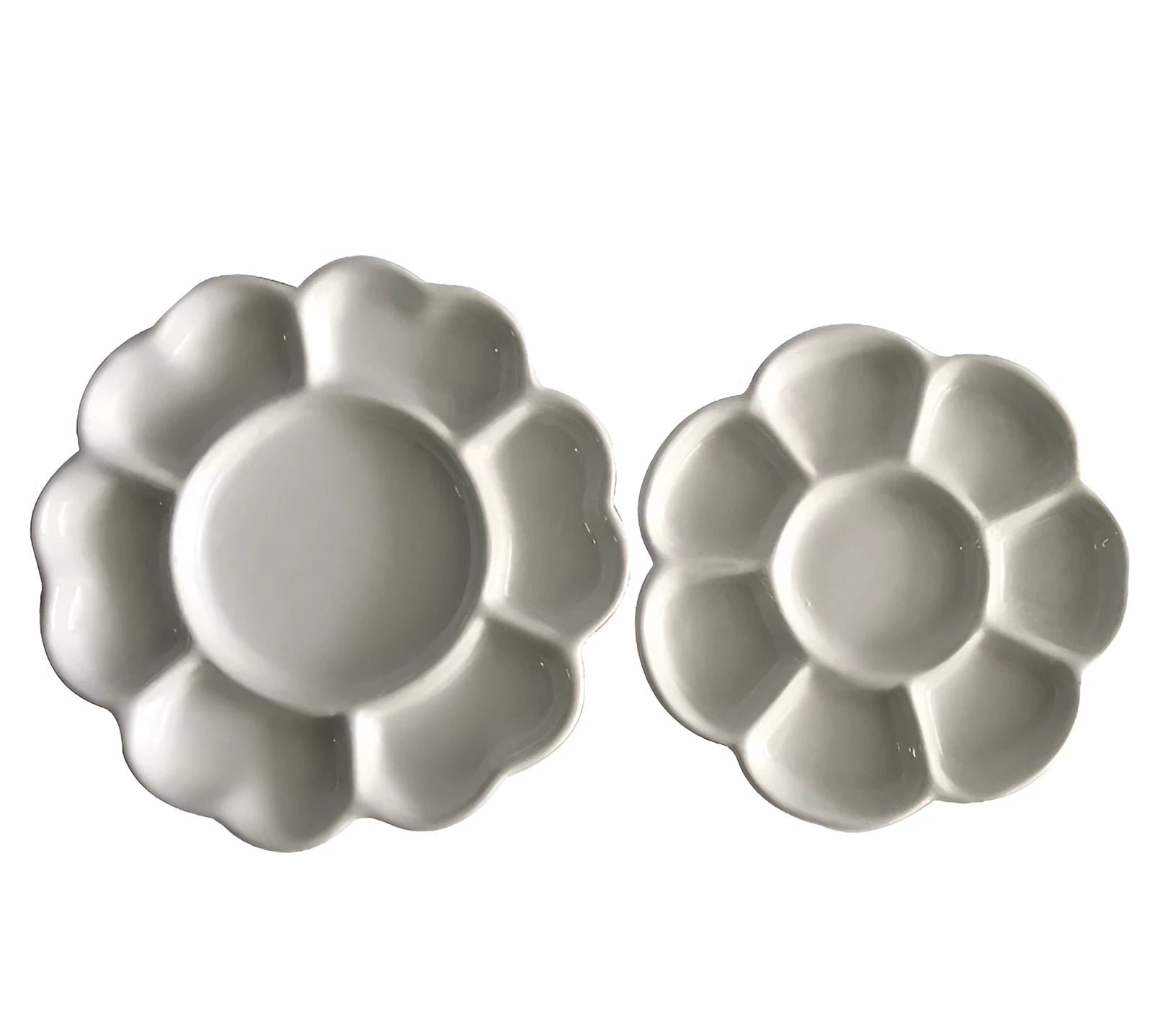 White ceramic painting palette with plum blossom design, shown in 6 inch, 7 inch, and 8 inch size options.