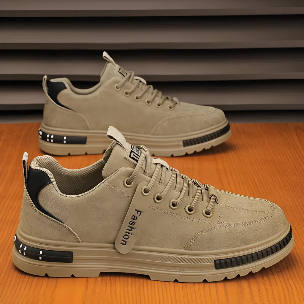 Men's black lace-up casual sneakers with artificial PU upper and rubber sole, flat heel, round toe