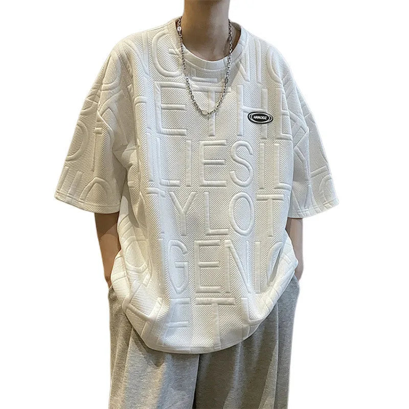Men's loose fit t-shirt with raised letter print in grey colour, short sleeves, pullover style
