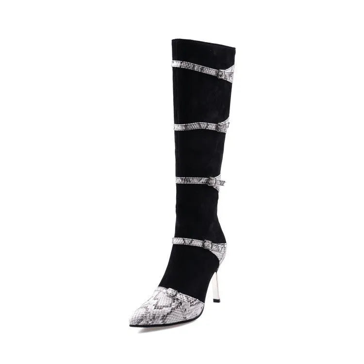 Grey and black women's knee high stiletto boots with a 9cm thin heel and velvet lining