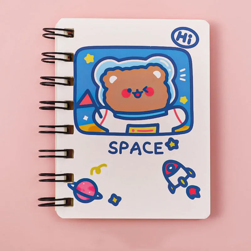 Astronaut flipped portable pocket flipper notebook showing space-themed cover designs at 10.5x8cm