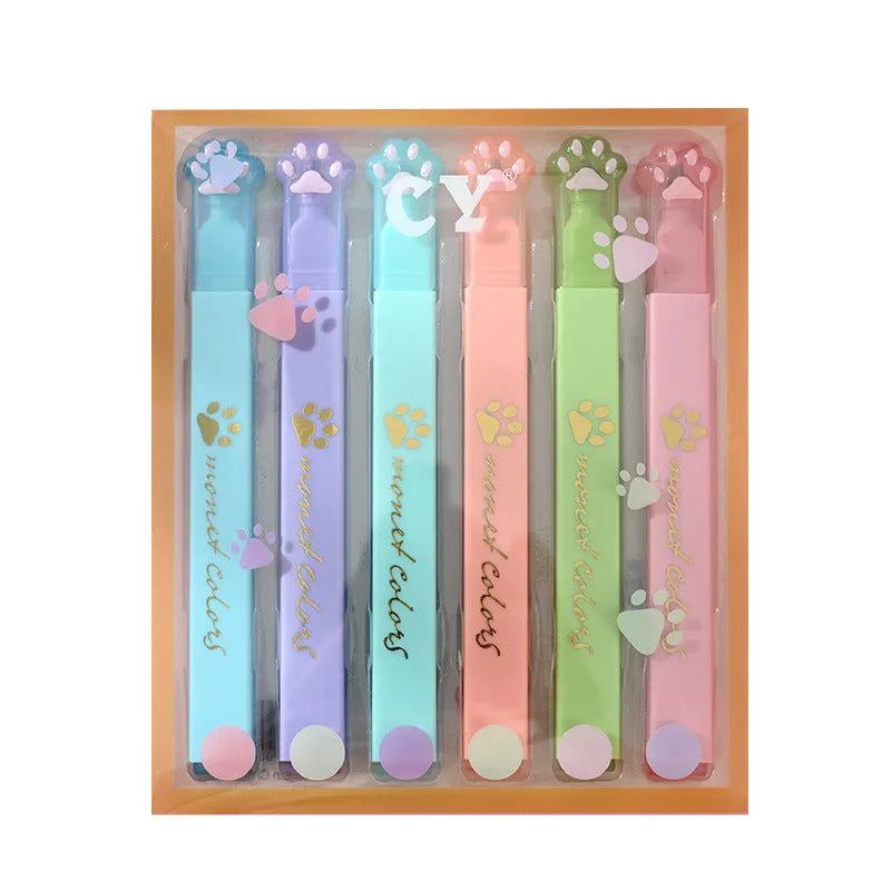 Cat's Paw fluorescent marker pen set showing six pens with oblique tips in a gift box.