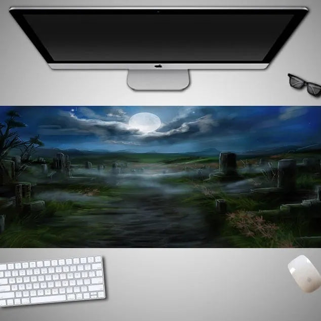 Oversized Halloween gaming mouse pad with non-slip rubber base on a desk