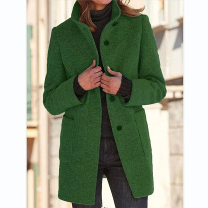 Fashionable wool coat with stand collar, pockets, and a variety of color options for casual fall and winter wear