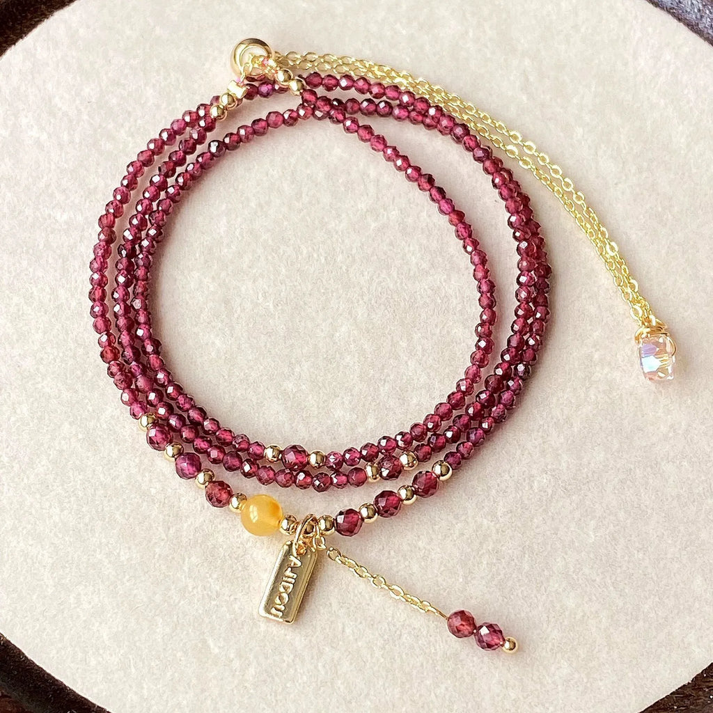 Wine red garnet three circle bracelet and necklace set with 2.5mm beads