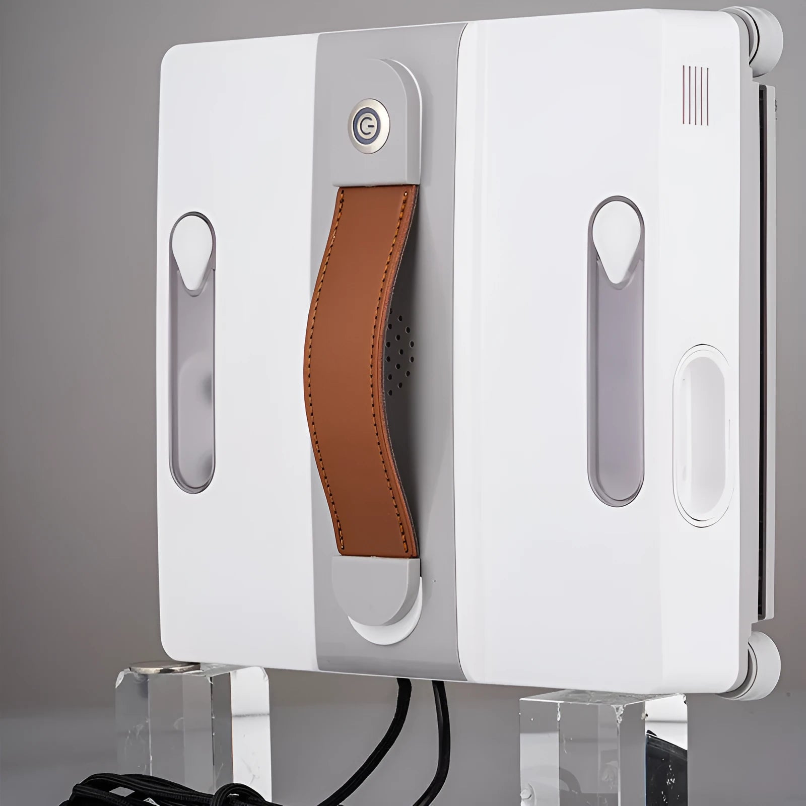 White intelligent window cleaning robot with four water spray nozzles for automated high-rise window maintenance