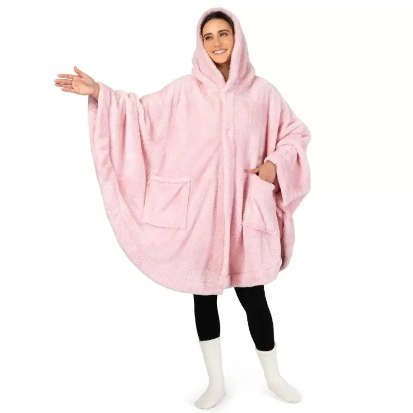 A thick free size hooded bathrobe in black, shown on a hanger.