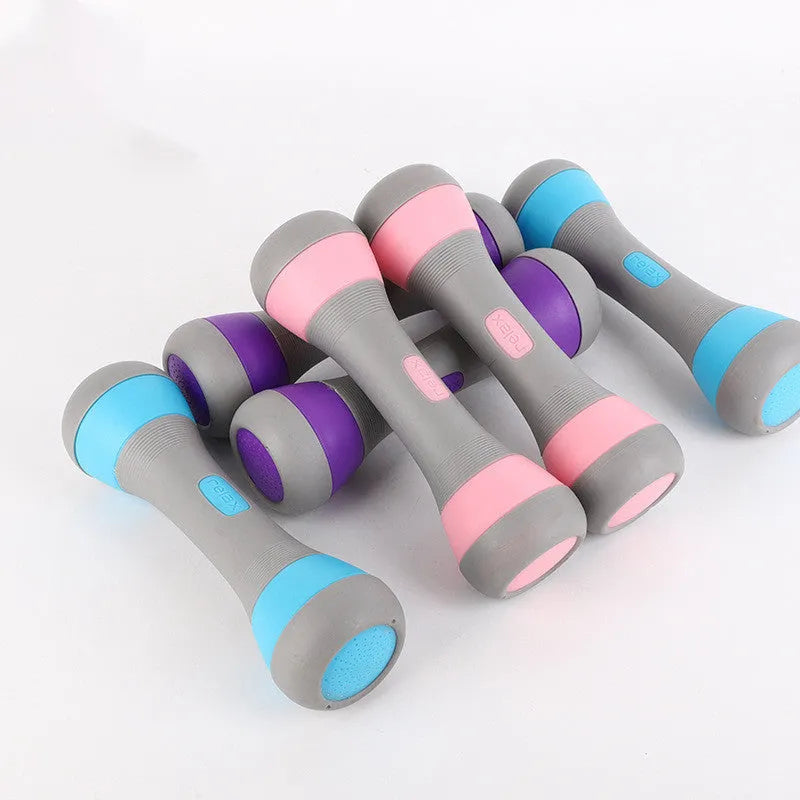 Pair of 2kg steel core TPR coated aerobics dumbbells in pink and blue on white background