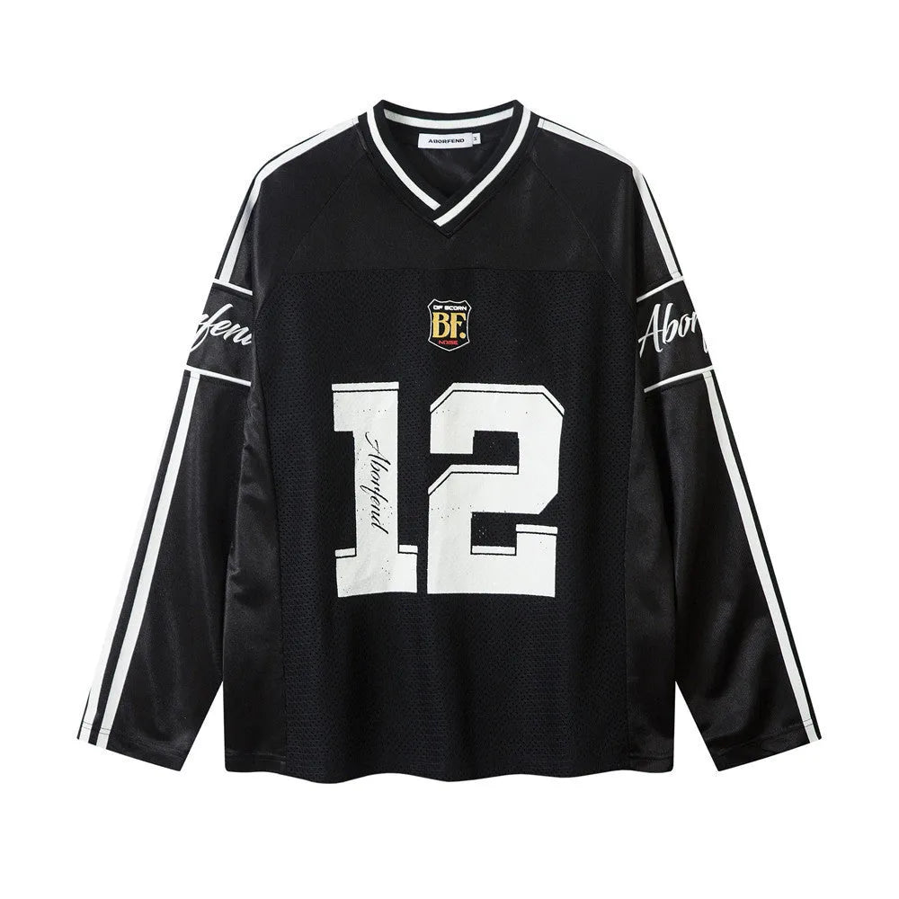 Men's black and white digital printed long-sleeved V-neck t-shirt with loose fit.