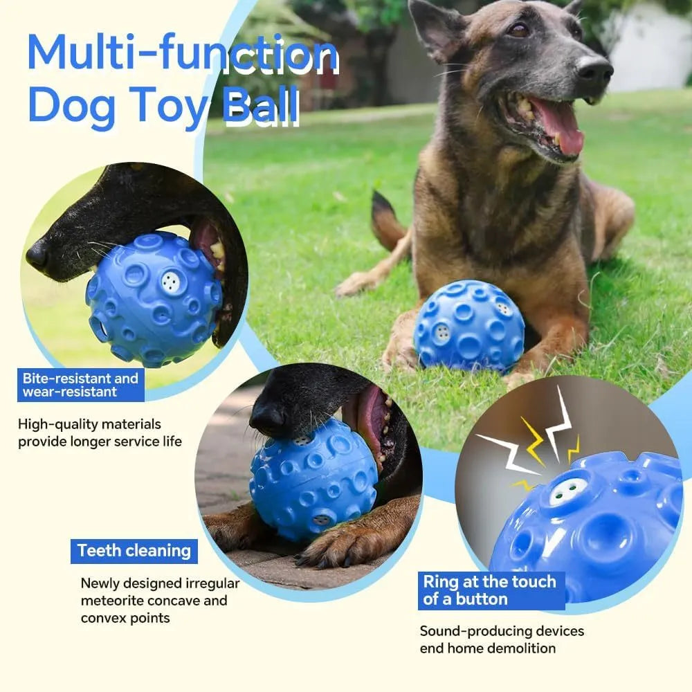 Durable interactive dog toy ball with meteorite bumps and magical squeaky sound in multiple colours