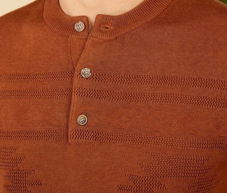 Knitted Henley shirt American retro slim-fit short sleeve in denim blue, cotton Lyocell blend