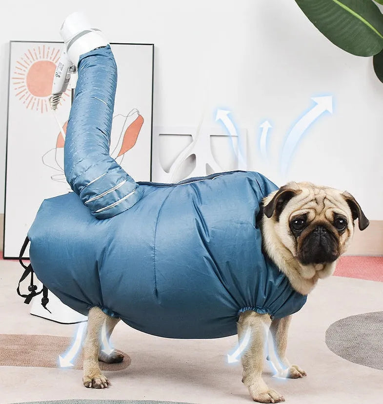 Blue automatic dog drying bag with quick drying hair dryer function, Oxford cloth and silver-plated film, sizes S to XXL.