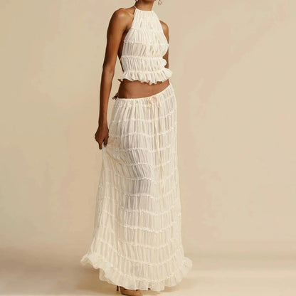 Sleeveless backless cropped halter top and pleated maxi dress set in various colors